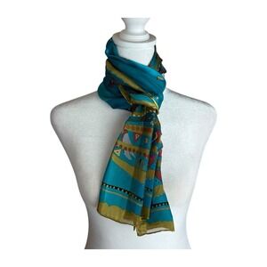 Vintage Laurel Burch Silk Scarf  Bright Blue Birds Cats Designer  11x54" Long